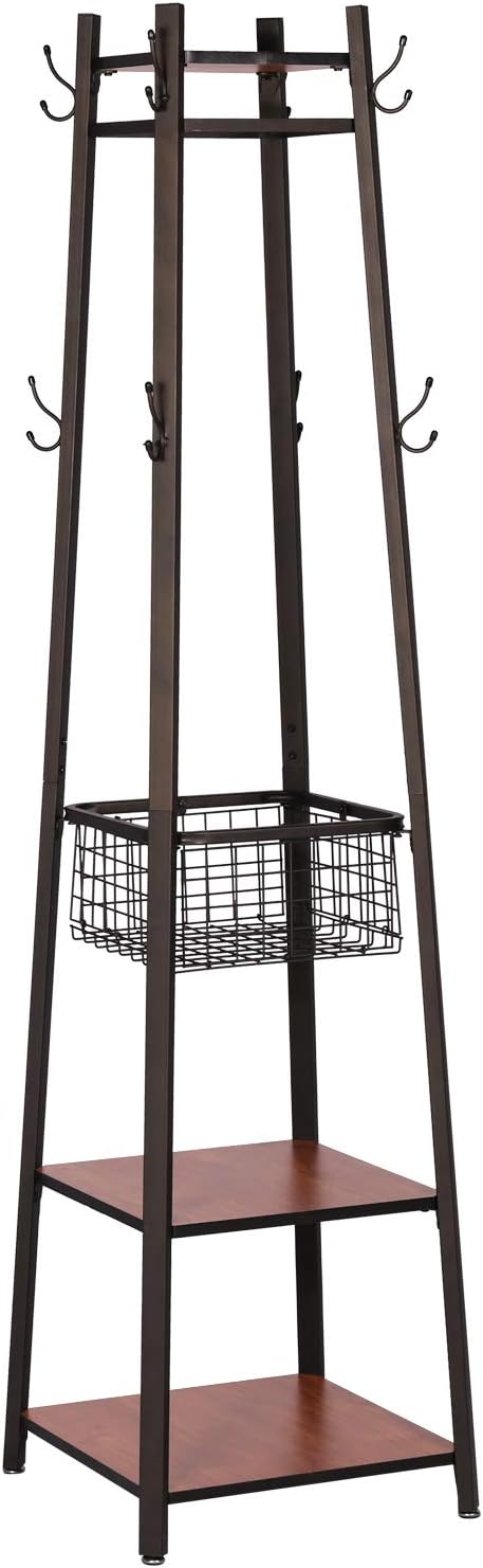 VECELO Coat Rack Freestanding, Entryway Hanger Stand, Umbrella Holder, Hall Tree With Hooks, Floor Standing Metal Tree Stand,Brown by VECELO