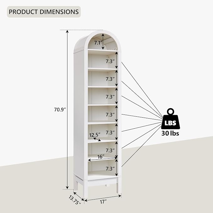 IFGET 71" Tall Arched Shoe Storage Cabinet, 8 Tiers 16 Pairs Wooden Shoe Rack with 3 Adjustable Shelves, Freestanding Shoe Closet Shelf Organizer for Entryway, Hallway, Living Room, Antique White - Image 2