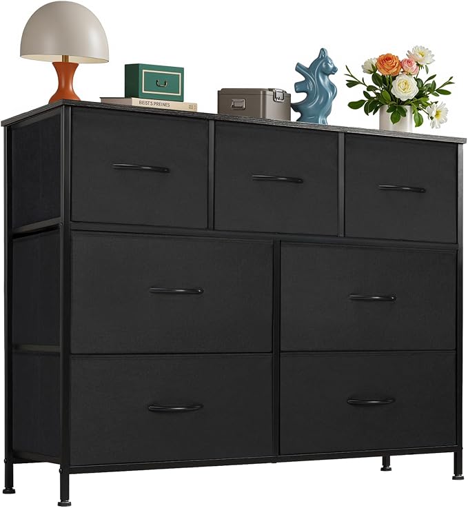 OLIXIS Dresser for Bedroom, 7 Storage Drawers, Wide Fabric Closet Chests Organizer Tower Furniture, TV Stand with Wooden Top Metal Frame for Clothes, Living Room, Hallway, Entryway, Black by OLIXIS