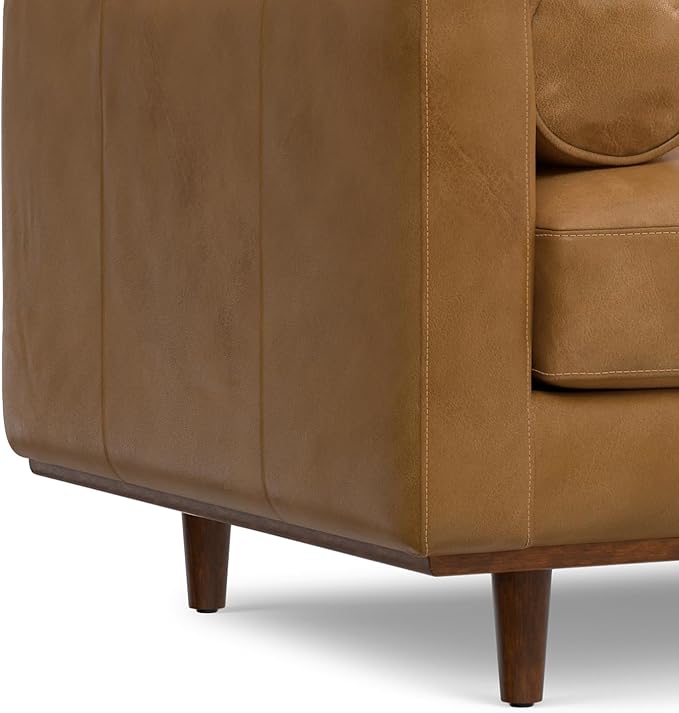 SIMPLIHOME Morrison Arm Chair - 42 inch Wide Upholstered Genuine Leather Mid-Century Modern Accent Chair in Sienna with Solid Wood Legs, Reversible Bolster Pillows and Reclined Back