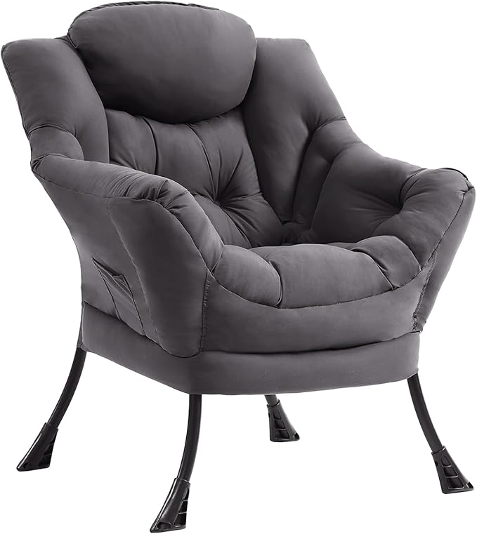MBOOYOME Lazy Chair, Modern Accent Chair with Armrests, Side Pocket & Metal Frame, Comfy Leisure Chair for Living Room, Bedroom, Dorm & Office, Dark Grey