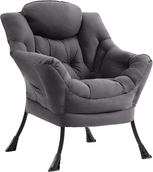 MBOOYOME Lazy Chair, Modern Accent Chair with Armrests, Side Pocket & Metal Frame, Comfy Leisure Chair for Living Room, Bedroom, Dorm & Office, Dark Grey