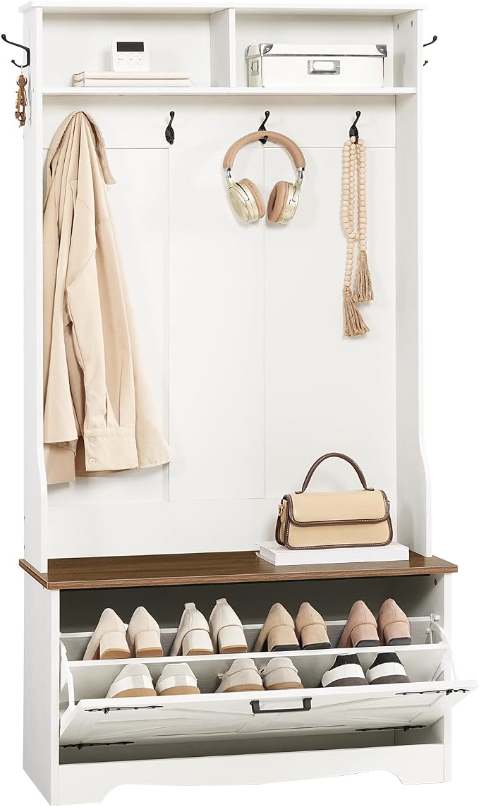HOOBRO Hall Tree with Bench, Entryway Bench with Coat Rack and Shoe Cabinet, Flip Drawers, Farmhouse Hall Tree with Shoe Organizer, Mud Room, White and Walnut WH85MT01 - Image 9
