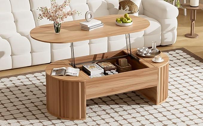 Lift Top Coffee Table with Storage Hidden Compartment, Partially Assembled Wooden Fluted Center Table, 47.2" Modern Oval Smart Lift Tabletop for Home Living Room Office-Natural