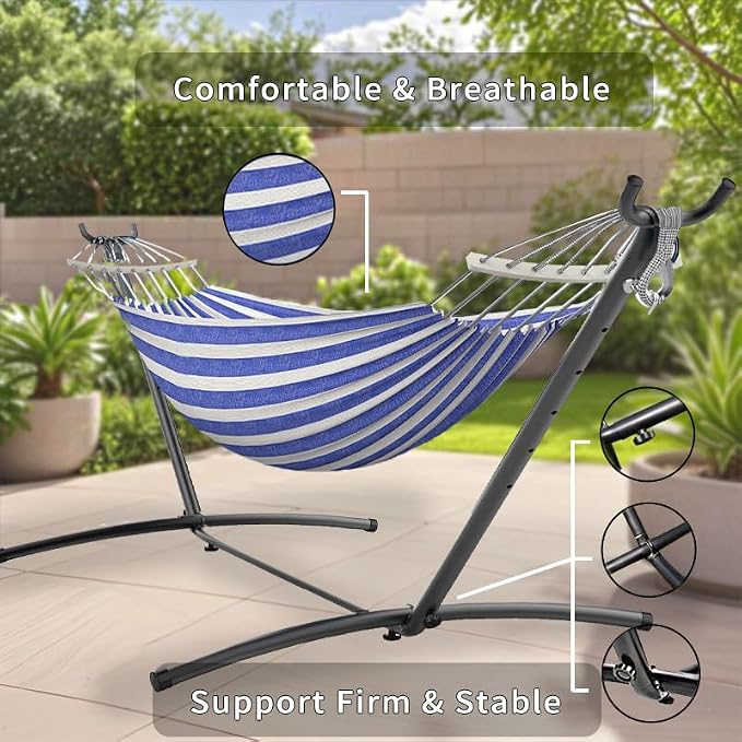 ANAGOO Double Hammock, Heavy Duty Portable, 500 lb Weight Capacity, Perfect for Both Indoors and Outdoors, 2 Person Hammock with Carrying Bag, Blue White - Image 5