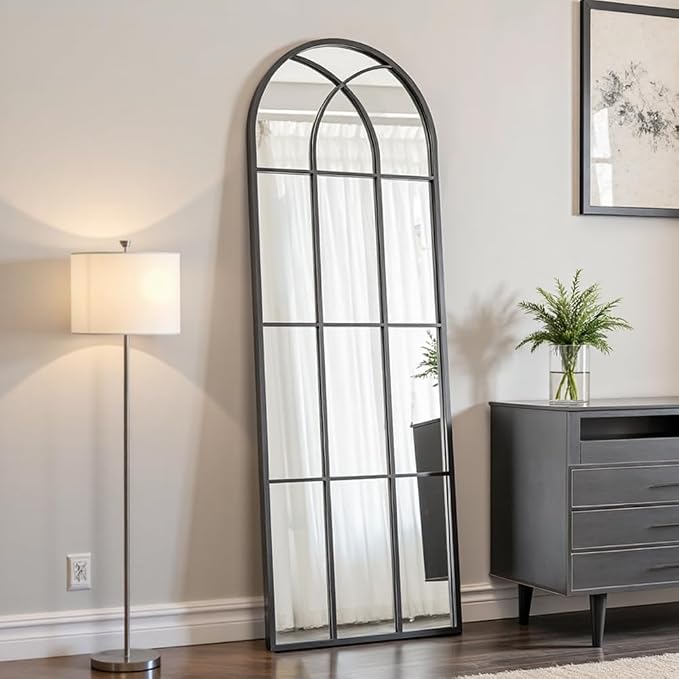 Rowjut Black Full Length & Floor Mirror 71" x 32" Window/Wall Decorative Mirrors, Iron Framed Window Pane Mirror, Arched Top Wall Mirror for Entryway Living Room, Bedroom, Fireplace (Black) - Image 2