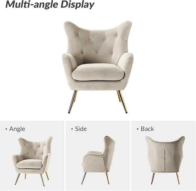 HULALA HOME Velvet Accent Chair, Modern Wingback Arm Chair with Metal Gold Legs, Velvet Tufted Upholstered for Living Room Bedroom(TAN)