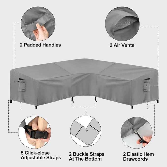 PureFit Outdoor Sectional Sofa Cover Waterproof V Shaped Patio Furniture Covers for Deck, Lawn and Backyard, 100”x100”, Gray - Image 5