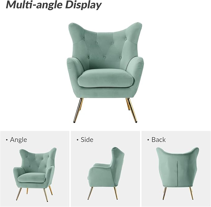 HULALA HOME Velvet Accent Chair Set of 2, Modern Wingback Arm Chair with Metal Gold Legs, Velvet Tufted Upholstered Single Sofa(SAGE)