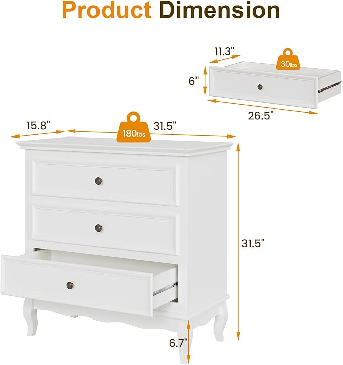 RoyalCraft 32" Wide Nightstand Set of 2 for Bedroom, White Nightstand with 3 Drawer, Modern End Table, Wood Beside Table for Home and Office - Image 2