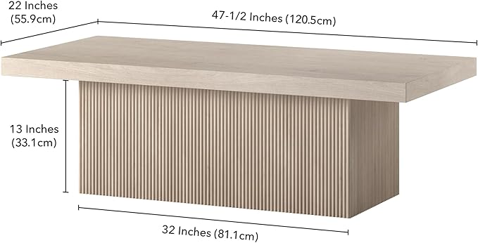 Henn&Hart 48" Fluted Low-Profile Rectangular Coffee Table with Ribbed Base for Living Room, Family Room, or Office, Beech White