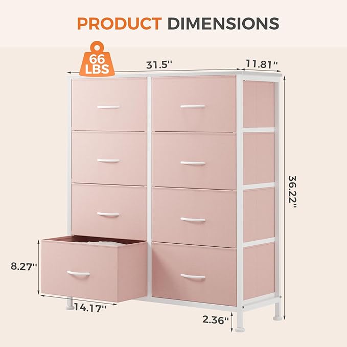 Sweetcrispy 8 Drawer Fabric Dresser for Bedroom, Tall Double Dresser Chest of Drawers with Sturdy Steel Frame and Wooden Top, Closet Living Room Storage Organizer with Easy Pull Handles,Pink - Image 3