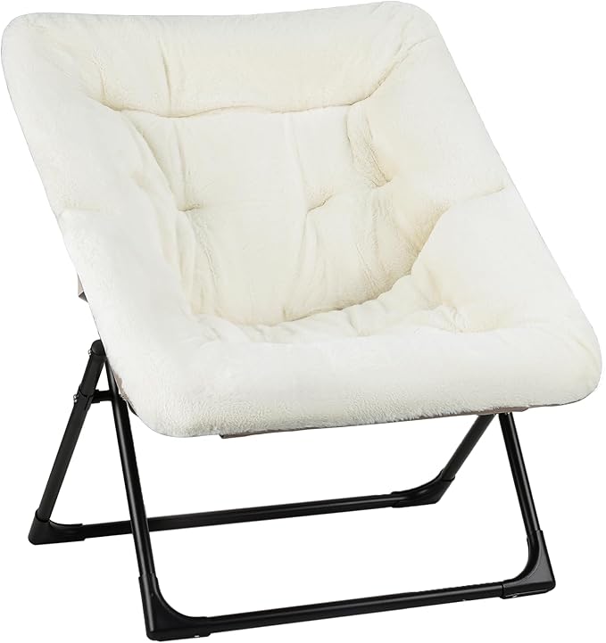 Comfy Saucer Chair for Adults, Soft Faux Fur Bedroom Chair, Accent Dorm Chairs, Flexible Living Room Reading Chairs, Oversized Folding Seat for Teens, X-Large, Beige