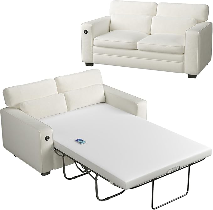Marsail Pull Out Sofa Bed, Queen Size Sleeper Sofa with Memory Foam Mattress, 2 USB Charging Ports & Removable Covers, Chenille Loveseat Couch for Living Room, Apartment, Pure White