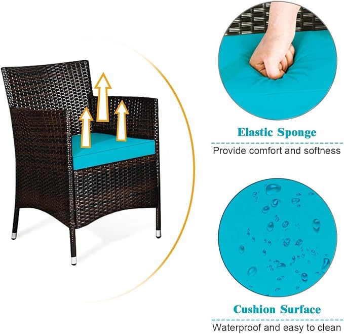 COSTWAY Outdoor Rattan Patio Furniture Set 4 Pieces, Wicker Rattan Cushioned Conversation Conversation Chairs with Coffee Table for Backyard Balcony Porch Poolside, Turquoise