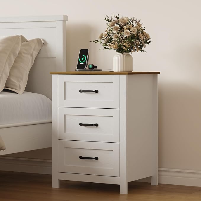Farmhouse Nightstand Set of 2 with Charging Station and Hidden Drawer, 26" H Bedside Table with 4 Drawers, Night Stand for Bedroom, Home Office, White - Image 3