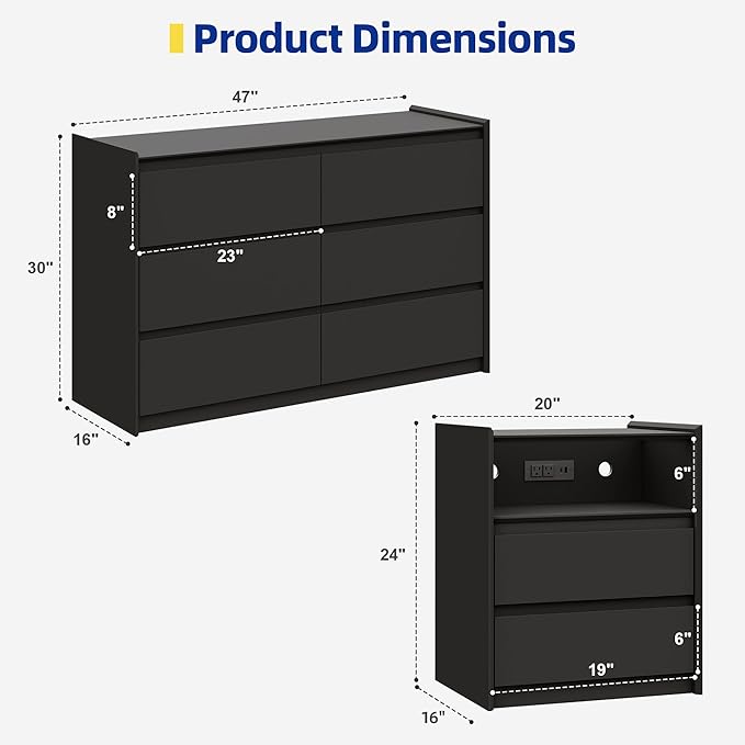 Modern 3PCS Bedroom Furniture Set with 6-Drawer Storage Dresser and 2 Nightstands, Raised Edge, USB & Type-C Ports, AC Outlets, and Open Shelf for Bedroom or Apartments, Black