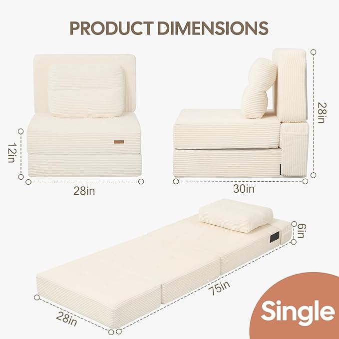 COMAX Folding Sofa Bed, Foldable Couch for Bedroom, Convertible Floor Sleeper Futon Chair Foam, Corduroy 3 in 1 Fold Out Chair Portable Comfy Lounge Couch Sofa Bed for Small Space, Single, Beige