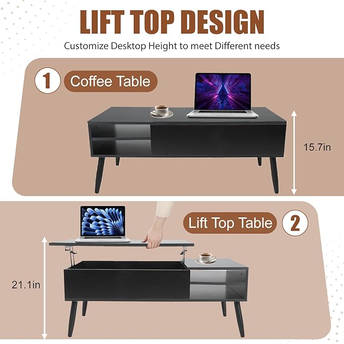 NChanmar Coffee Table for Living Room, Lift Top Coffee Table with Adjustable Storage and Hidden Compartment, Wood Center Table, Living Room Furniture for Home, Office-Black