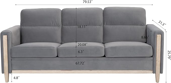 3 Seater Sofa Couch with Deep Seats, 79.53" Mid Century Modern Upholstered Loveseat with Armrests, Comfy Velvet Upholstered Small Sofa&Couches for Living Room, Bedroom, Apartment and Office