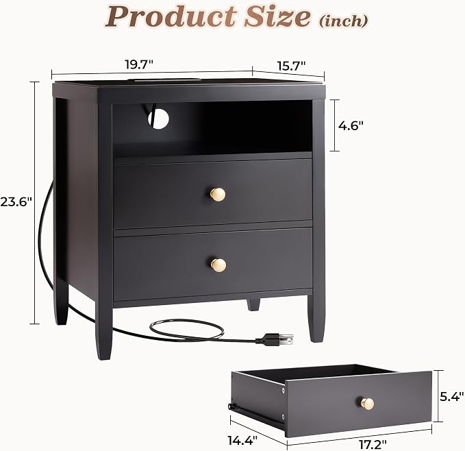 Huuger Black Nightstand Set of 2, Night Stand with Charger Station, Bedside Table with 2 Drawers, Bed Side Tables for Bedroom, Modern Nightstands, Metal Knobs, Painted Surface | with Charger Station, 2 Drawers, Bed Side Tables, for Bedroom, Metal Knobs... - Image 2