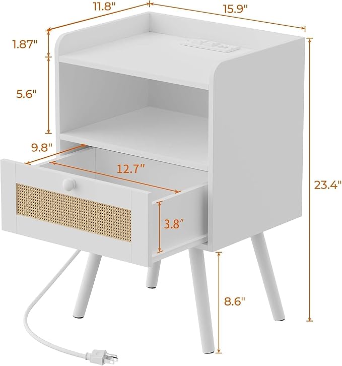 SUPERJARE Nightstand with Charging Station & Rattan-Like Decor Drawer, Rattan End Table with Solid Wood Feet, Bed Side Table with Open Storage, for Bedroom, Living Room, Dormitory - White - Image 3