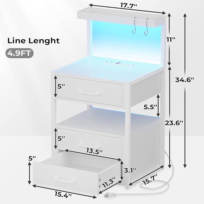 AOGLLATI Nightstand Set of 2 with Charging Station and LED Lights, Bedside Table with 3 Drawers and Open Storage Shelves, 2 USB Ports and 2 AC Outlets, LED Night Stand for Bedroom, 2 Pack, White - Image 3