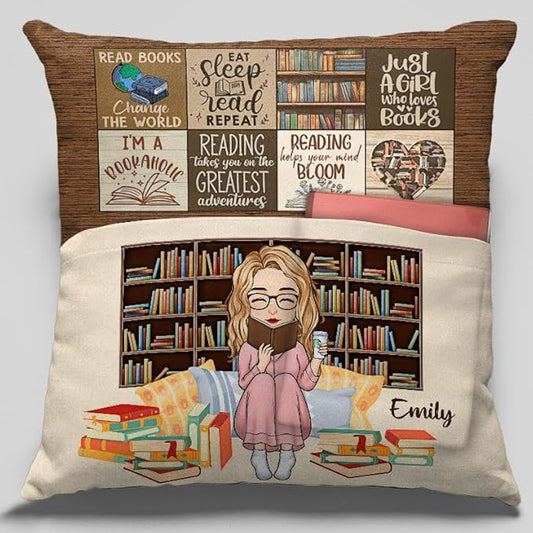 Custom Pocket Pillow, Personalized Bookish Gifts for Book Lovers, Booknerds, Bookworms, Reading Helps Your Mind Bloom, Birthday Librarian Gift for Women Teacher Students, Book Club Gifts