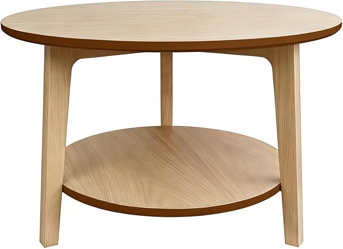 2-Tier Round Coffee Table Wood Nesting Side Table (Oak Coffee Table, 28x28x18)
