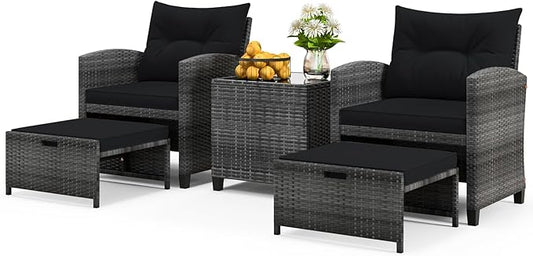 ORALNER 5 Pieces Patio Furniture Set with Ottoman, Wicker Conversation Set w/Cushions, Glass Coffee Table, Outdoor Lounger Rattan Chairs Bistro Set for Porch Balcony Garden Deck Poolside (Black)