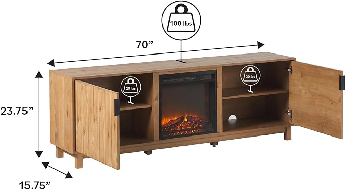 Walker Edison Arundo Reeded TV Stand with Fireplace & Storage, 70" Fireplace, English Oak - Image 3
