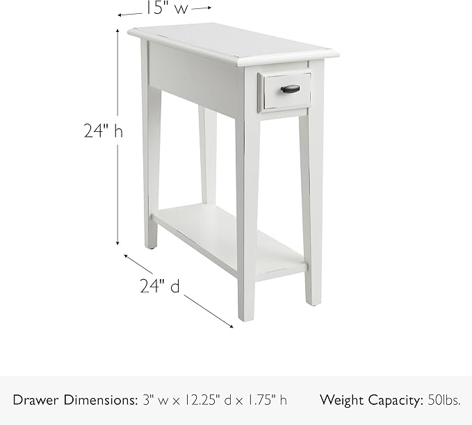 Leick Home Haven Ridge Narrow End Table, Solid Wood, with Drawer and Shelf, for Living Room and Small Spaces, Farmhouse White, 214361