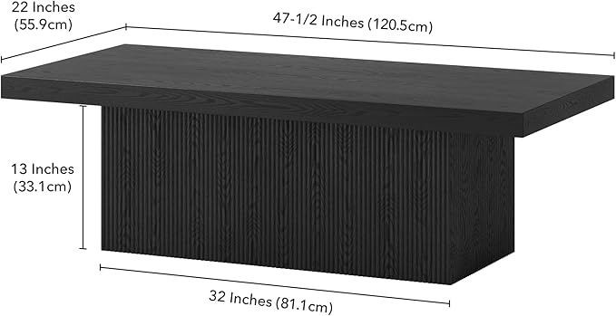 Henn&Hart 48" Fluted Low-Profile Rectangular Coffee Table with Ribbed Base for Living Room, Family Room, or Office, Natural Black