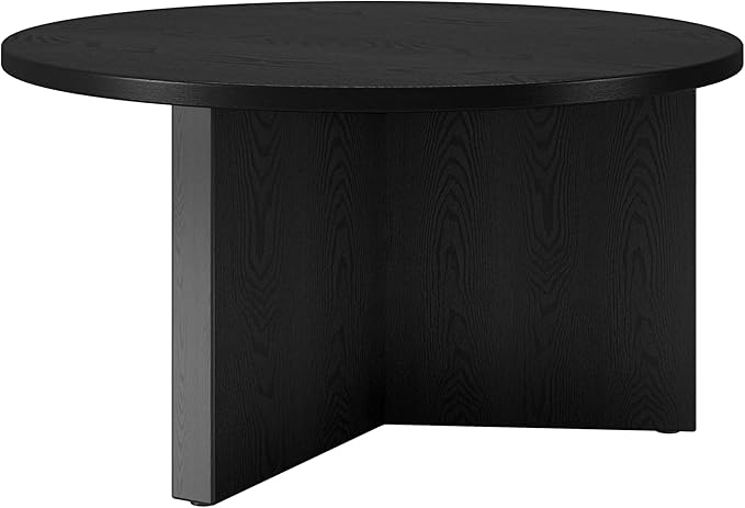 Henn&Hart 32" Round Wood Pedestal Coffee Table for Living Room, Family Room, Office, or Apartment, Natural Black