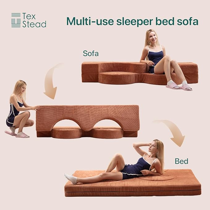 75" Folding Sofa Bed Convertible Futon, Twin Size Sleeper Couch, Washable Velvet Corduroy Cover & High-Density Foam, 2-in-1 Floor Mattress, No Assembly for Living Room/Dorm Orange