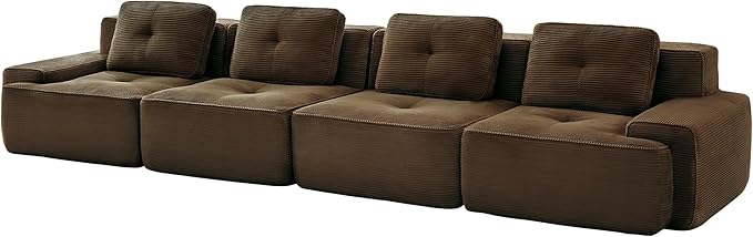 Casaphoria 150'' Brown Corduroy Cloud Couch, 4-Seater Boneless Sectional Sofa with 4 Pillows for Living Room, Deep Seat Sofa, No Assembly Required