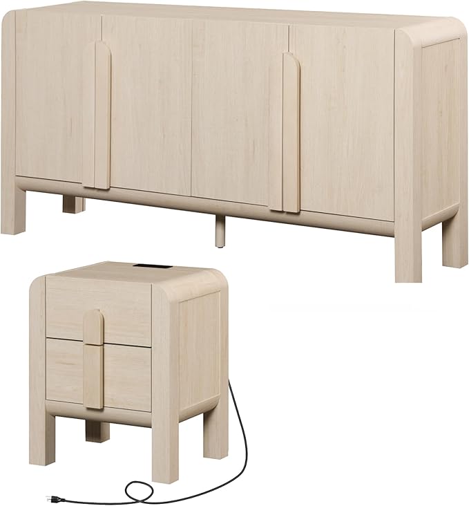 WAMPAT 2 Piece Beige Dresser and Nightstand Set, Modern 63" Wide Dresser Cabinet and Nightstand Set with Charging Station, Wood Storage Closet Chest with Curved Profile Handles for Bedroom