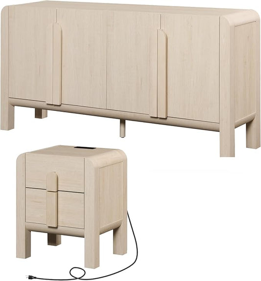 WAMPAT 2 Piece Beige Dresser and Nightstand Set, Modern 63" Wide Dresser Cabinet and Nightstand Set with Charging Station, Wood Storage Closet Chest with Curved Profile Handles for Bedroom