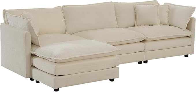 KEIKI Combination Sofa, Upholstered 3 Seater Couch, Oversized L Shaped Sectional Sofa with Reversible Ottoman for Living Room Bedroom Office, Beige