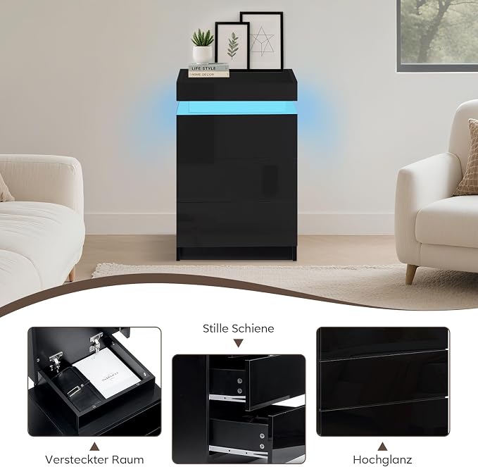 TUKAILAi Modern Nightstand with LED Light, Smart Bedside Table with 3 Drawers and Flip Top Storage Cabinet, High Gloss Side Table End Table for Bedroom (Black) - Image 6