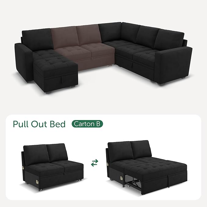 HONBAY Modular Sectional Sleeper Sofa with Pull Out Bed, Pull Out Bed for Sectional Couch, Black