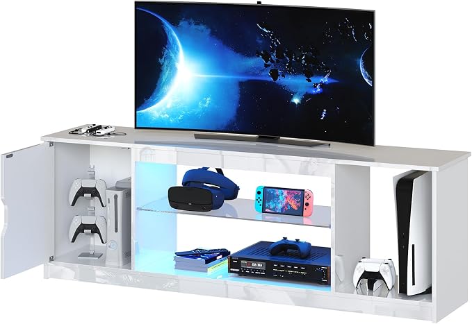 Bestier 57" Gloss White TV Stand for 65" TVs - Modern Gaming Console Unit with Glass Shelves, PS5/Xbox Cabinet, Adjustable Height Entertainment Center for Bedroom & Living Room - Image 9
