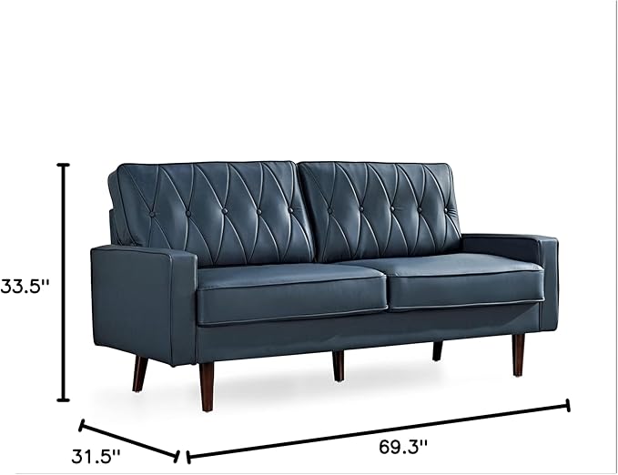 Container Furniture Modern Style Faux Leather Sofa with Elegant Round Tapered Legs and Button Tufted Backrest Perfect for Living Room, Bedroom or Home Office, 69.3’’ Wide, Blue