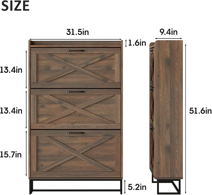 Maupvit Shoe Storage Cabinet with 3 Flip Drawers, Freestanding Organizer with Metal Legs for Entryway, Narrow Shoe Rack Cabinet, Dark Walnut - Image 2