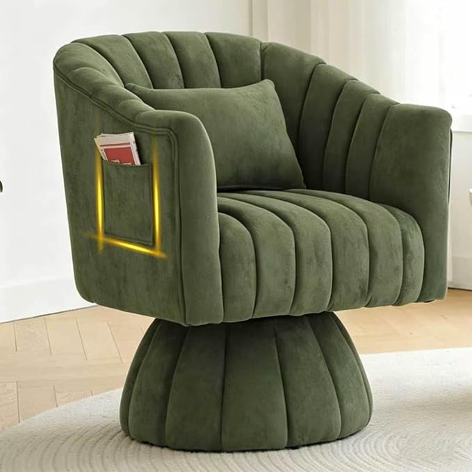 ClinQ Swivel Barrel Chair with Pillow & Side Pocket Set of 3, 360° Cloud Velvet Round Swivel Accent Chair, Cuddle Reading Lounge Chair for the Living Room, Bedroom, Office, Green-Vertical Stripes