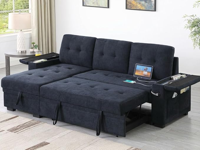 ERYE 84-Inch Multifunctional L-Shaped Sleeper Sectional Sofa with Reversible Storage Chaise, Tufted Corner Pull Out Sleeper Couch Bed W/Cupholders,USB-C Ports and Storage Armrests