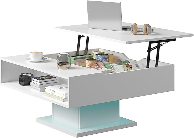 30.7" Lift Top Coffee Table with Storage, Square White Led Coffee Table with Large Hidden Storage, Wood Living Room Table Led Center Table for Dining Reception Room