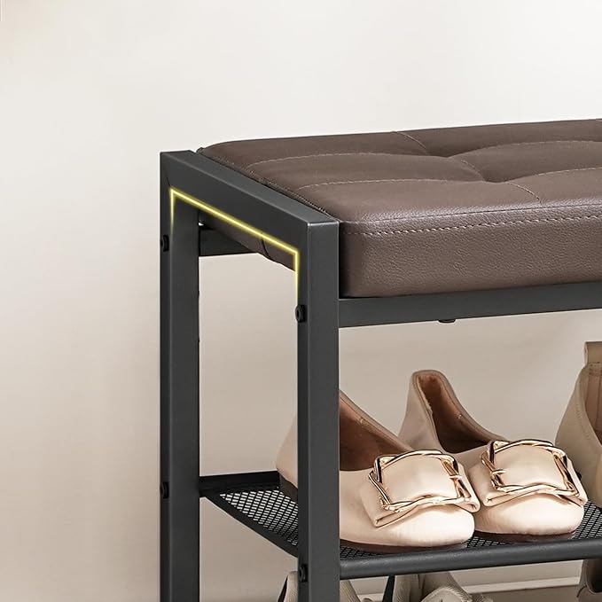 HOOBRO Small Shoe Bench, 3-Tier Shoe Rack, Shoe Storage Bench with PU Seat Cushion, Entryway Shoe Rack Bench with Metal Mesh Shelves, Freestanding Shoe Organizer for Hallway, Brown CB33HX01 - Image 8