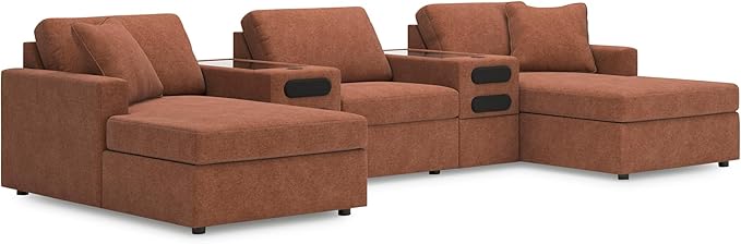 Signature Design by Ashley Modern Modmax Stain Resistant U-Shape Symmetrical 5-Piece Double Chaise with Audio Consoles and Reversible Cushion, Orange