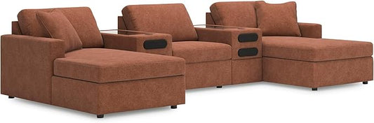 Signature Design by Ashley Modern Modmax Stain Resistant U-Shape Symmetrical 5-Piece Double Chaise with Audio Consoles and Reversible Cushion, Orange